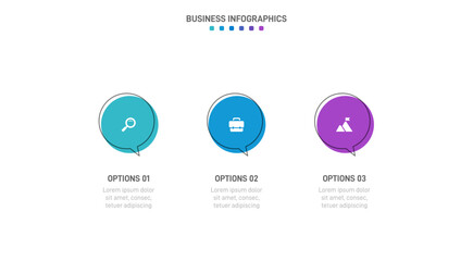 Timeline infographic with infochart. Modern presentation template with 3 spets for business process. Website template on white background for concept modern design. Horizontal layout.