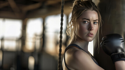 Obraz premium Caucasian woman in exercise clothes punching a punching bag in the gym.