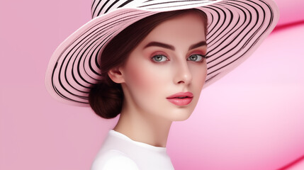 Beautiful girl model with hat on pink background.