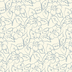 Seamless floral pattern, minimalist sketch style flower print. Simple botanical design, abstract graphic surface of hand drawn lily flowers, leaves. Elegant fashion ditsy print. Vector illustration.