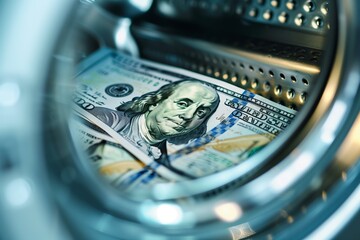 money laundering concept banknotes in a washing machine close up - obrazy, fototapety, plakaty