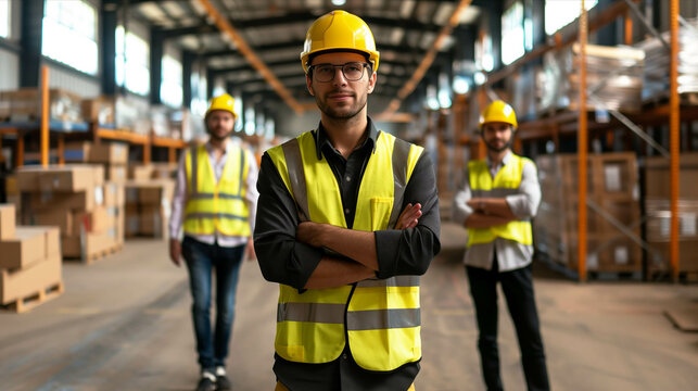 A team of Caucasian men is working in a warehouse.