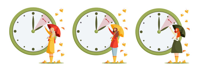 Daylight saving time end concept. Fall back vector illustration set. Vector illustration of clocks with autumn leaves, women with different hair color with umbrellas changing time to wintertime.