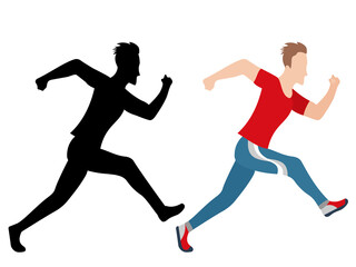 Fototapeta na wymiar Running man and his silhouette. Active people, fitness, sports movement. Side view. Jpeg illustration in flat design