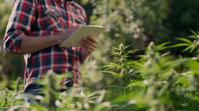 Caucasian male farmer inspects cannabis plants in outdoor farm.