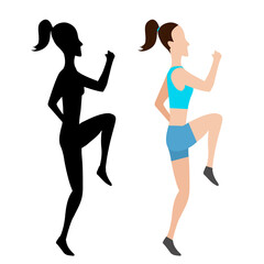 Running woman and her silhouette. Active people, fitness, sports movement. Side view. Jpeg illustration in flat design