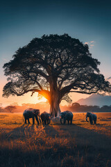 A herd of elephants under a big tree in the middle of a field at sunset.