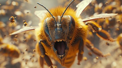 bee with teeth in macro attacking