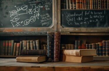 Books fronted by a blackboard with a math equation in the background. Generated by artificial intelligence.
