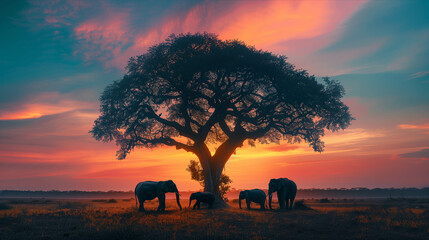 Fototapeta na wymiar A herd of elephants under a big tree in the middle of a field at sunset.