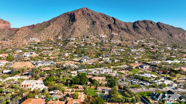 Camelback Mountain aerial view in city of Phoenix, Arizona AZ, USA. 