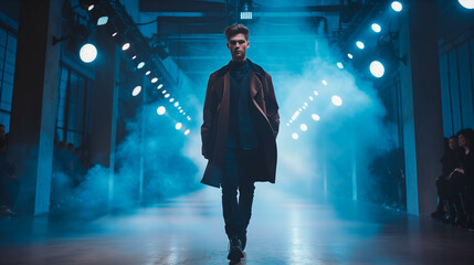 Caucasian male model in fashion clothes walks on the catwalk.