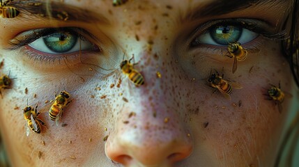 Bees on a person's face. Bee sting. Bee therapy