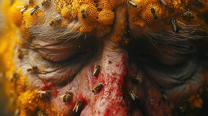 Fotobehang Bees on a person's face. Bee sting. Bee therapy © taraskobryn