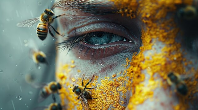 Bees on a person's face. Bee sting. Bee therapy