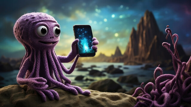 portrait of extraterrestrial felt puppet with big bulging eyes and a funny expression using smart phone in a fantasy environment