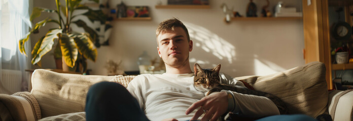 Caucasian man in casual clothes is sitting on the sofa with his cat in the living room.