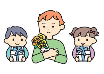 父の日　お父さんへプレゼントを贈る男の子と女の子