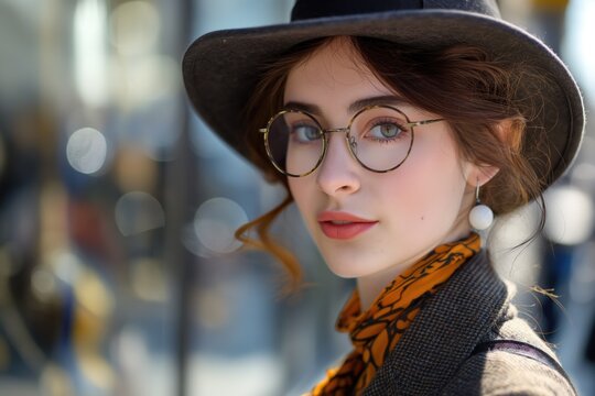 Fashionable young woman with large round glasses and a felt hat gives a poised look on a sunlit city street