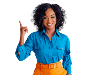 Mulher sorridente apontando dedo para cima. Fundo transparente para design gráfico. Uso: anúncios online, mídia social, design criativo, tecnologia