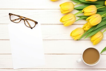 Fototapeta na wymiar Yellow tulips beside coffee and glasses, spring concept. Springtime Coffee Break