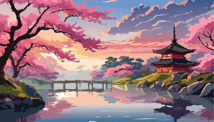 Japanese garden with cherry blossoms and lake