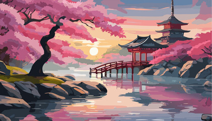 Japanese garden with cherry blossoms and lake