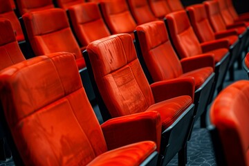 Fototapeta premium close up a cinema auditorium with red chairs