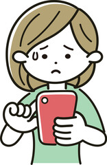 タイトル	スマホを操作して困った表情をする女性のベクターイラスト