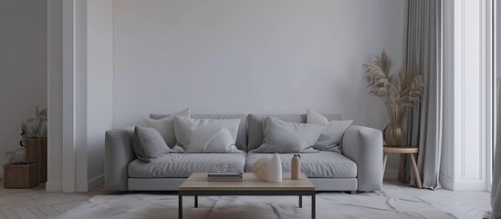 A living room featuring a gray sofa and a coffee table placed near a white wall. The space exudes a comfortable and inviting atmosphere.