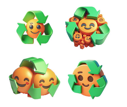 3d render of emoticons with recycle sign on white background.