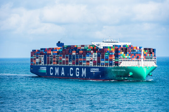 "CMA CGM CONCORDE" lng powered large container ship sailing through the calm ocean. She was built in 2021, sailing under flag of France.
