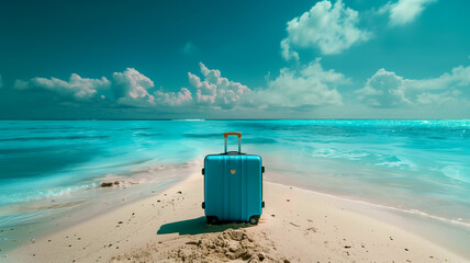 A blue suitcase on a paradisiac beach.