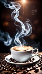 Generative AI. A cup of coffee on a table. The cup is white and has a saucer. There are coffee beans on the table. The background is a dark brown. There is a fire flame on the background.