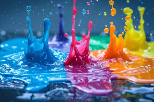 High-speed capture of vibrant ink droplets creating a dynamic, colorful splash on a wet surface