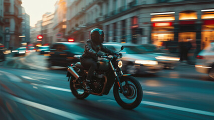 Motorcyclist in motion, speeding through a vibrant city street.