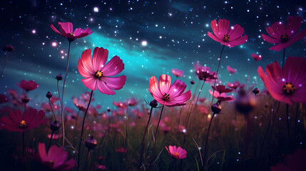 pink flowers in the night,
A field of flowers with a starry sky in the background