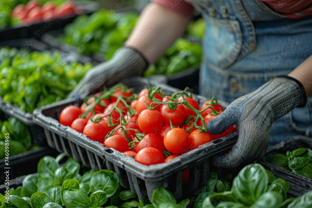 Sticker An image showcasing a farmer in overalls, carefully handling a crate full of ripe, bright red tomatoes amidst a lush greenhouse