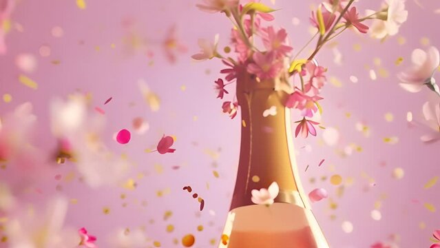 gold champagne bottle with spring flowers and confetti flying around on a pastel pink background for spring celebration