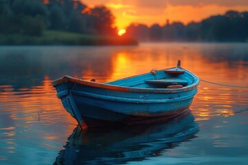 Fototapeta na wymiar Serene image showing a single boat on a tranquil lake reflecting the colors of a stunning sunset