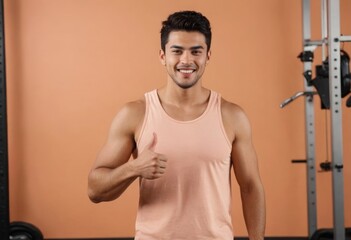 Fototapeta na wymiar An athletic man in a tank top gives a thumbs-up in a gym setting, his friendly demeanor and fit physique suggest an active lifestyle.