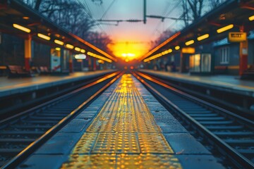 Fototapeta na wymiar Golden sunset over railroad tracks converging in the distance, symbolizing journey and exploration