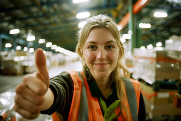 Portrait of smiling warehouse worker showing thumbs up while driving forklift