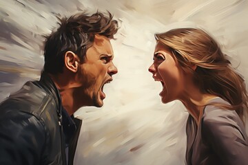 a portrait of a man and a woman shouting at each other but not hearing each other. Social problems - obrazy, fototapety, plakaty