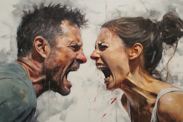 a portrait of a man and a woman shouting at each other but not hearing each other. Social problems - obrazy, fototapety, plakaty