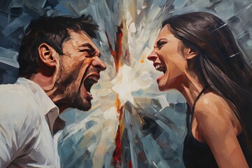 a portrait of a man and a woman shouting at each other but not hearing each other. Social problems