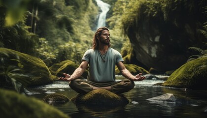 Man meditating in beautiful natural landscape