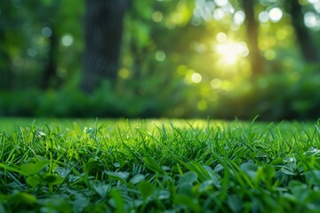 Close-up of fresh green grass with morning dew shining in the sunlight, giving a feel of new beginnings - obrazy, fototapety, plakaty