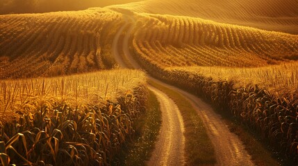 A quaint country road winds its way through fields of golden corn, the promise of a bountiful harvest evident in the swaying stalks. - obrazy, fototapety, plakaty