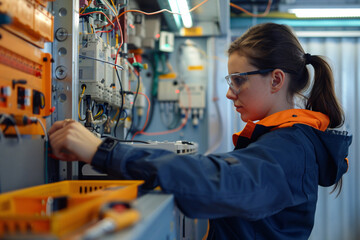 Woman checking the fuse in the main electricity circuit for an industrial factory.